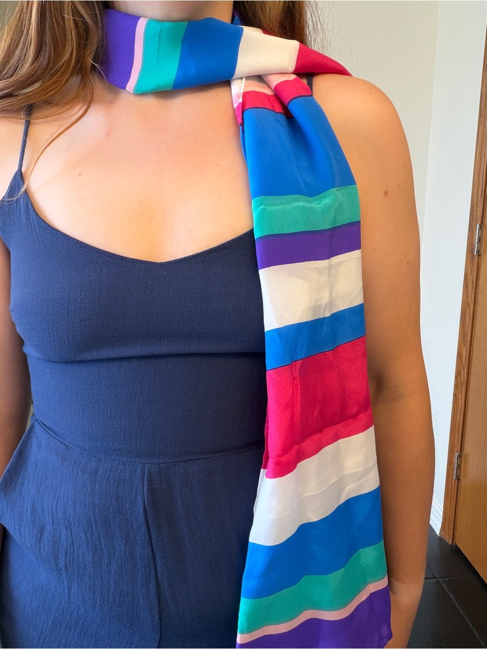 Vintage Units 100% Silk Scarf Colorful Striped Long Skinny Neck Scarf - Picture 2 of 9